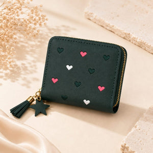 Heart Embroidered Zip Around Mini Wallet for Women & Girls - Blue image