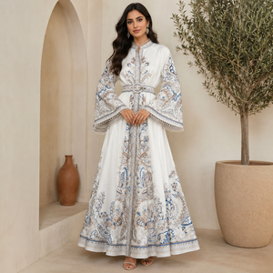 Printed Maxi Dress with Bell Sleeves & Waist Belt – product image 5