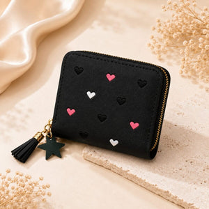 Heart Embroidered Zip Around Mini Wallet for Women & Girls - Black image