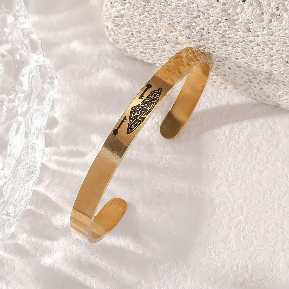 Stainless Steel Script Engraved Open Cuff Bangle Bracelet - Design 2, Gold image