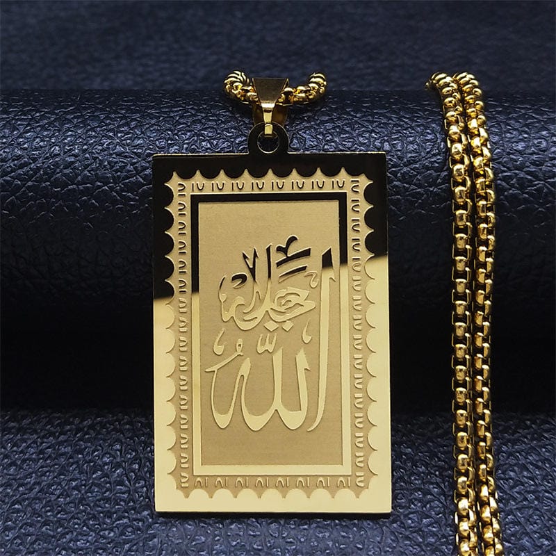 Islamic Allah Arabic Calligraphy Pendant Necklace Gold Plated Stainless Steel - Gold image