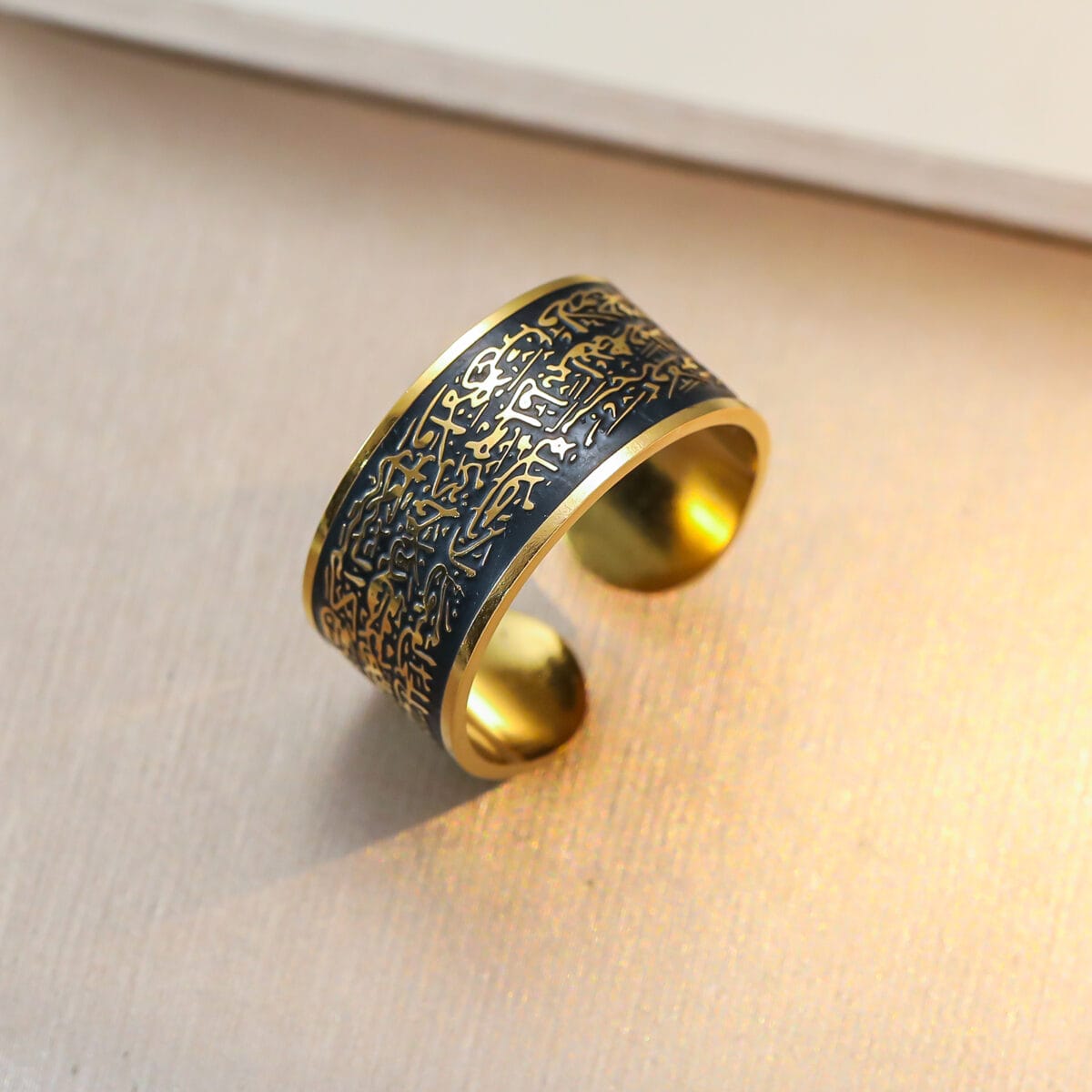 Ayatul Kursi Adjustable Ring for Men &amp; Women – Islamic Stainless Steel Open Ring - Black-Gold image