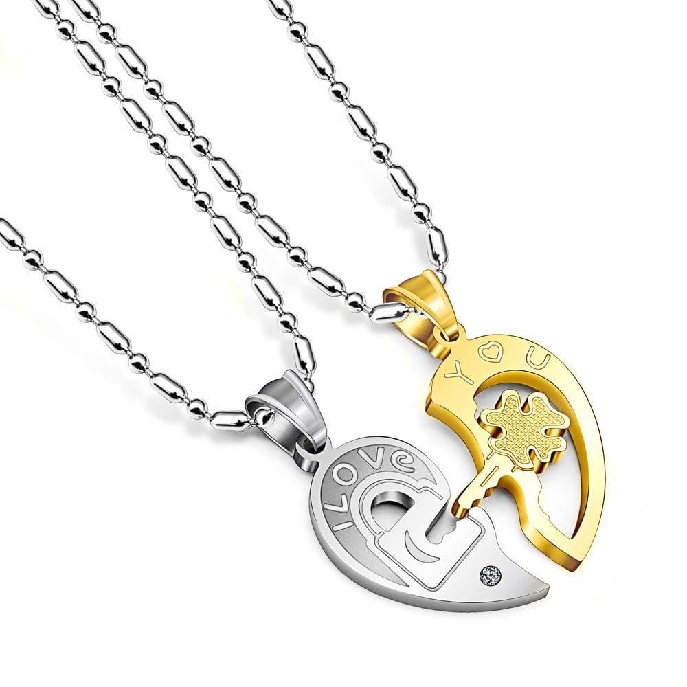 Couple Heart Lock Key Pendant Necklace Stainless Steel - Gold image