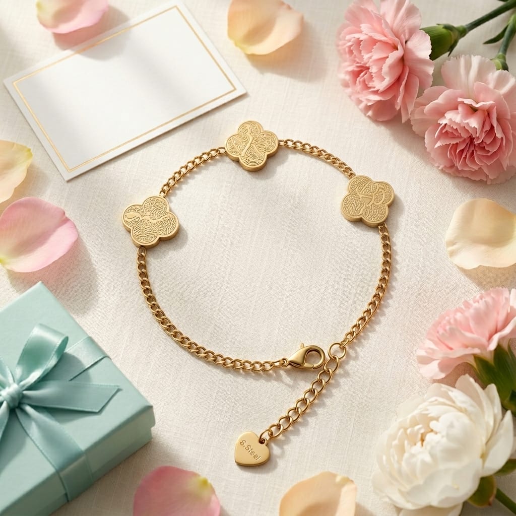 Islamic Gratitude Clover Bracelet – Arabic Calligraphy in Gold Stainless Steel image 0