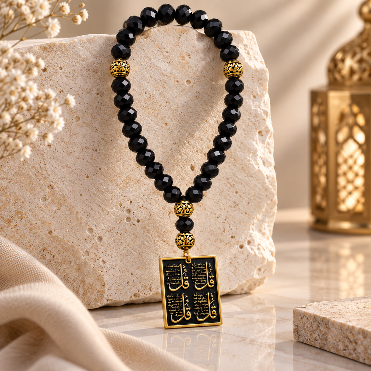 REYLVA Ayatul Kursi & 4 Quls Islamic Car Hanging with Black Beads