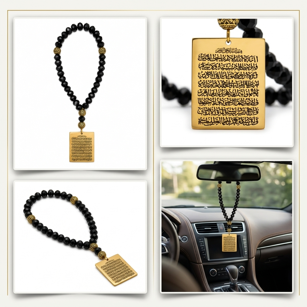 REYLVA Ayatul Kursi & 4 Quls Islamic Car Hanging with Black Beads – product image 3