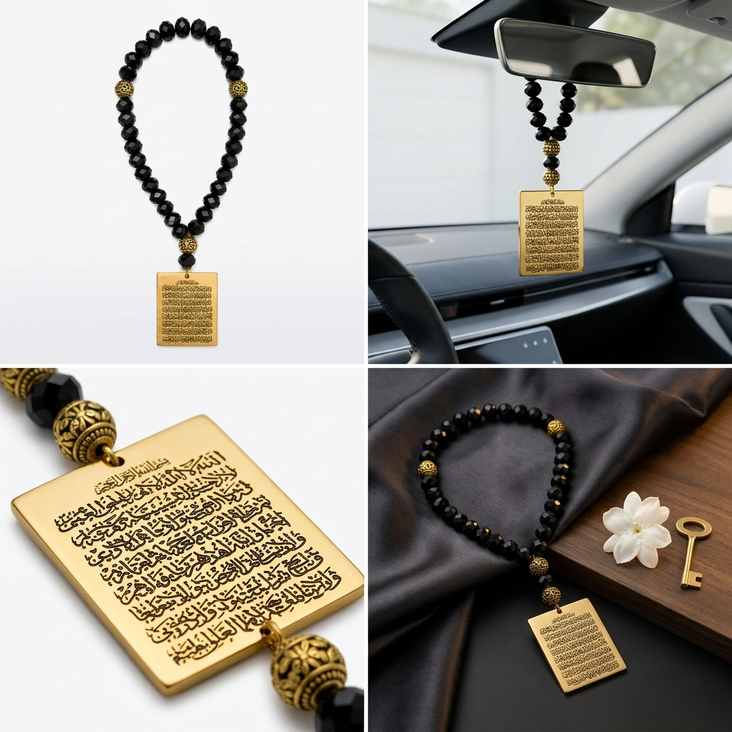 REYLVA Ayatul Kursi & 4 Quls Islamic Car Hanging with Black Beads – product image 4