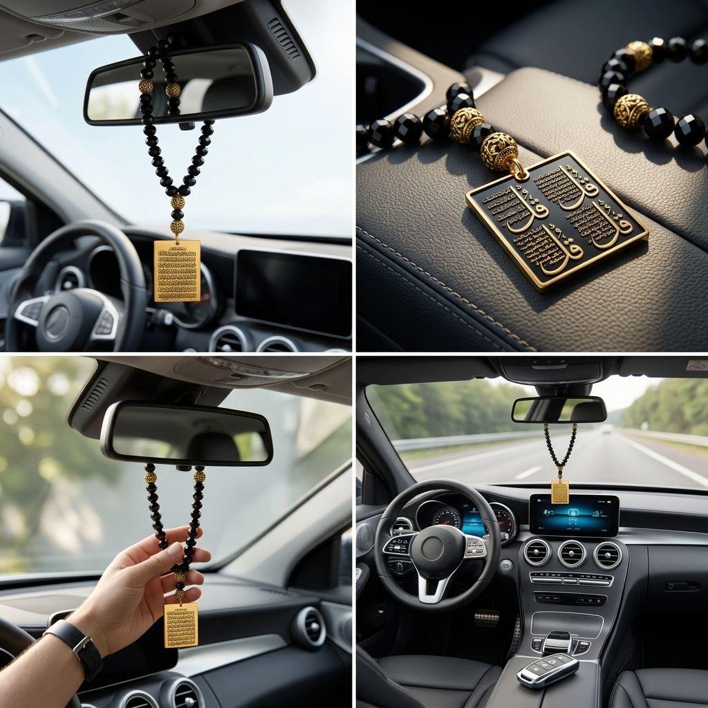 REYLVA Ayatul Kursi & 4 Quls Islamic Car Hanging with Black Beads – product image 5