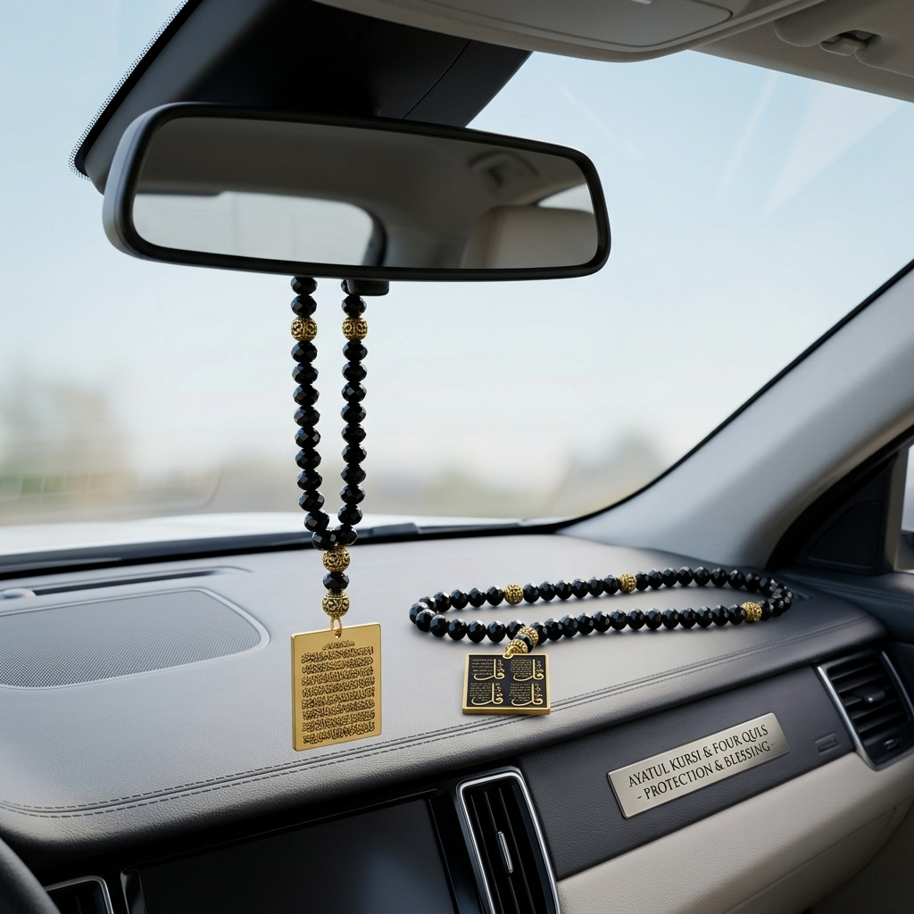 REYLVA Ayatul Kursi & 4 Quls Islamic Car Hanging with Black Beads – product image 6