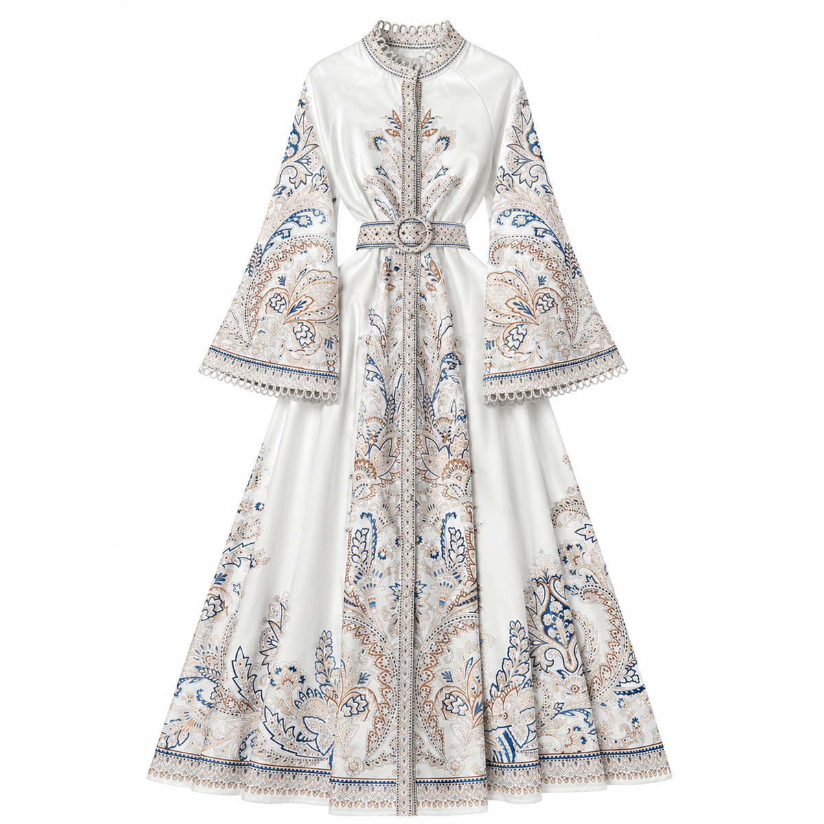 Printed Maxi Dress with Bell Sleeves & Waist Belt – product image 1