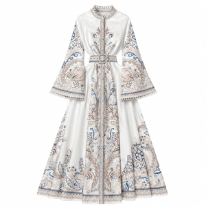 Printed Maxi Dress with Bell Sleeves & Waist Belt – product image 1