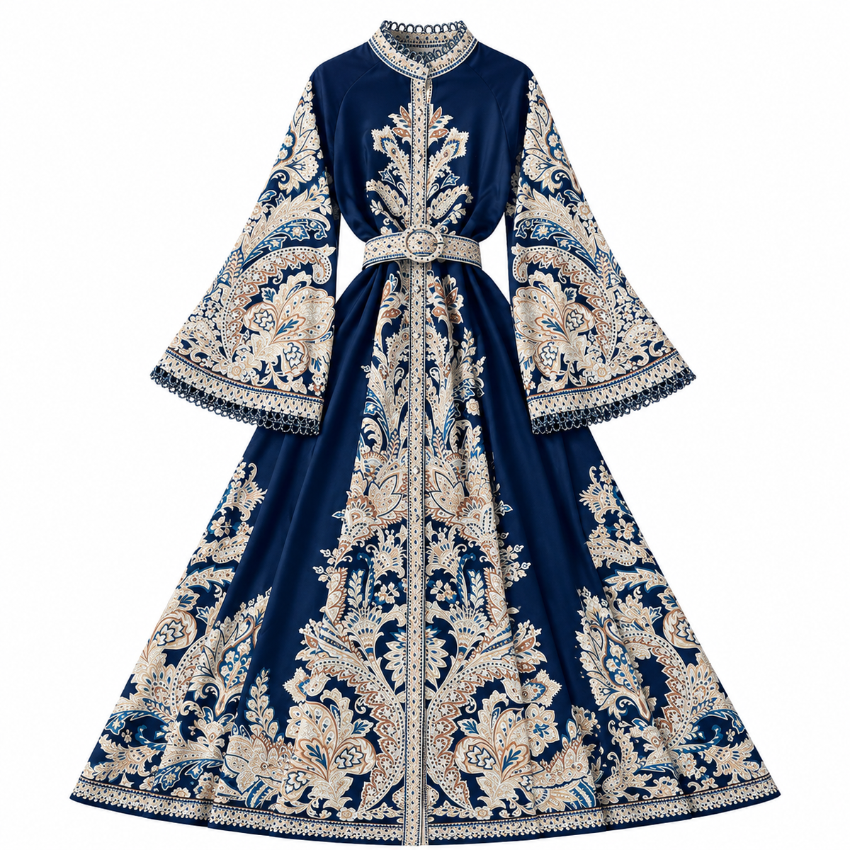 Printed Maxi Dress with Bell Sleeves & Waist Belt – product image 4