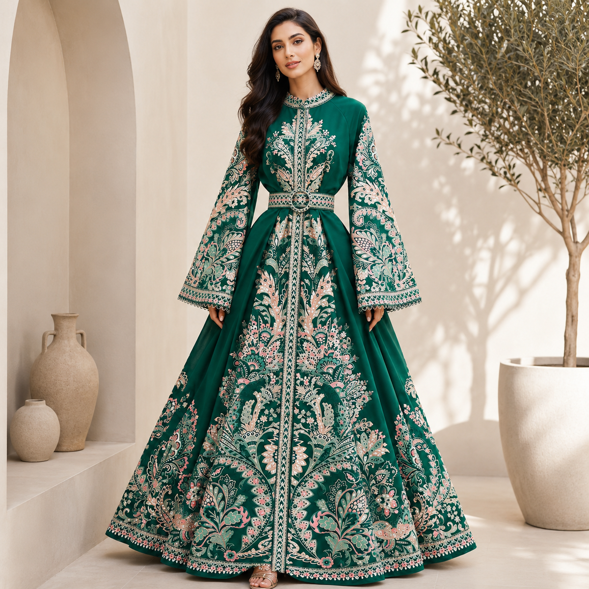 Printed Maxi Dress with Bell Sleeves & Waist Belt – product image 7