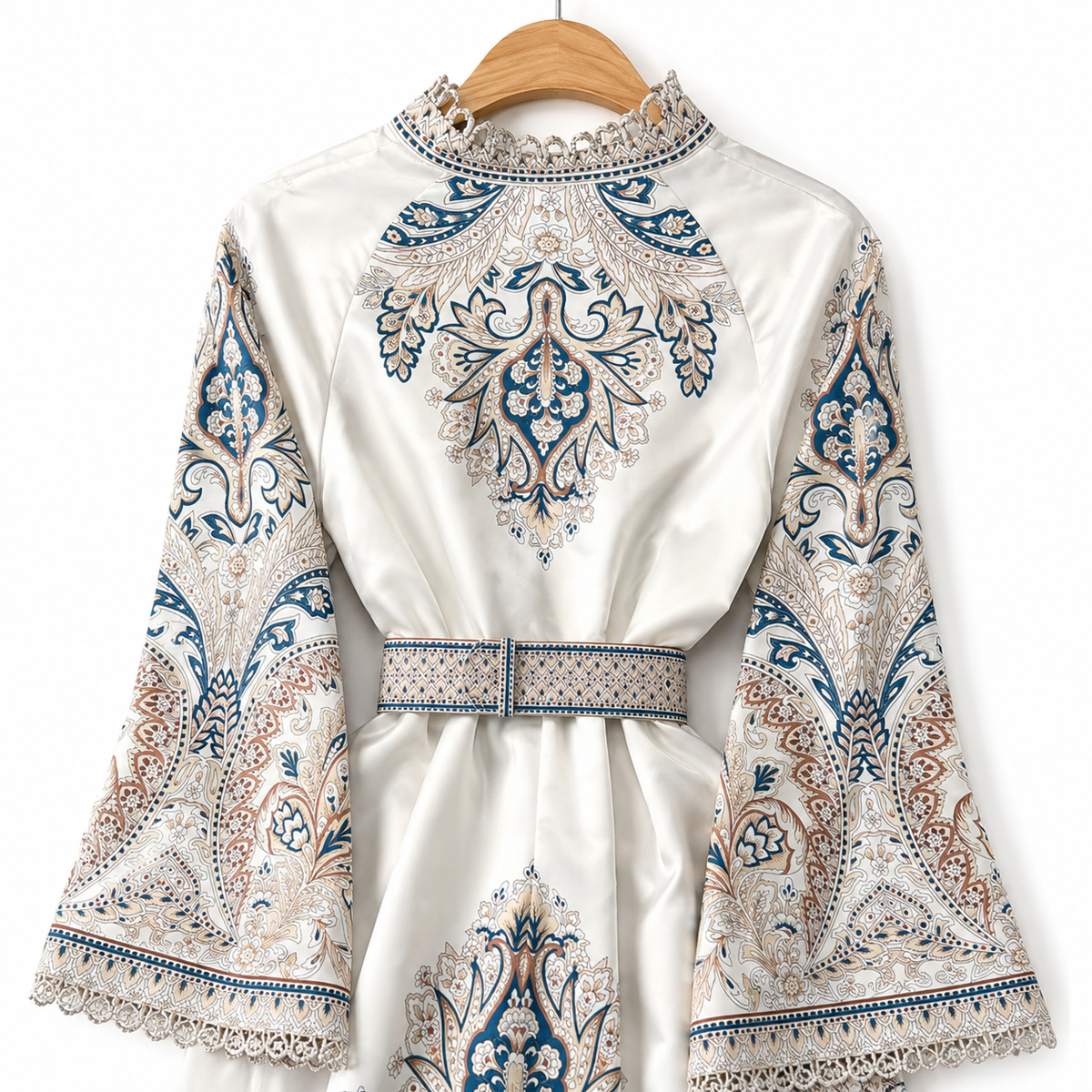 Printed Maxi Dress with Bell Sleeves & Waist Belt – product image 8