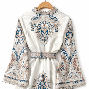 Printed Maxi Dress with Bell Sleeves & Waist Belt – product image 8
