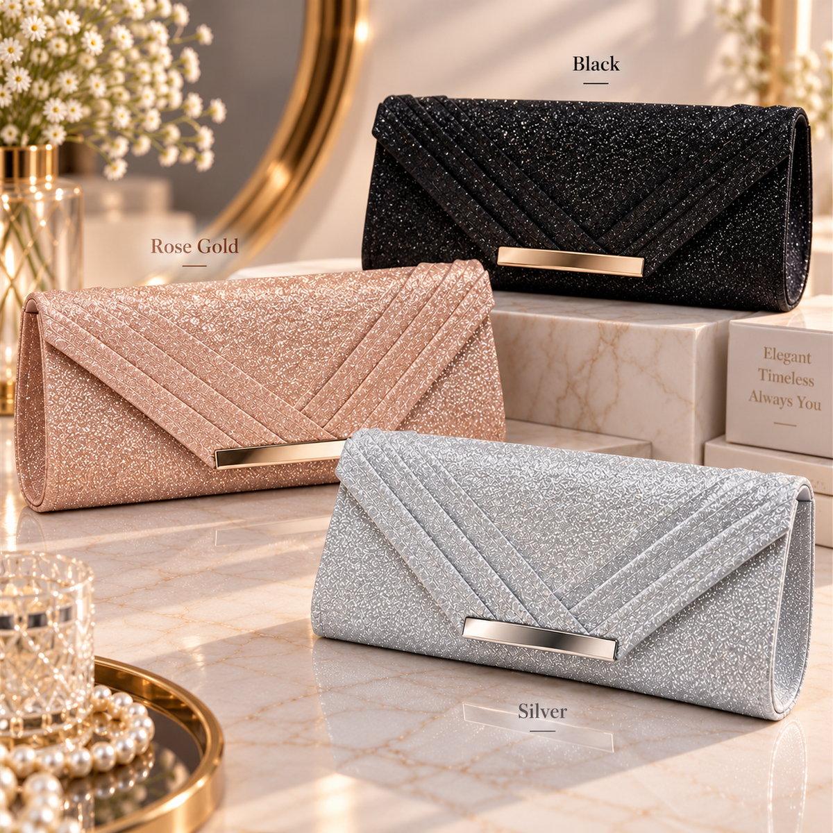 Glitter Evening Clutch Wallet with Metal Accent for Women