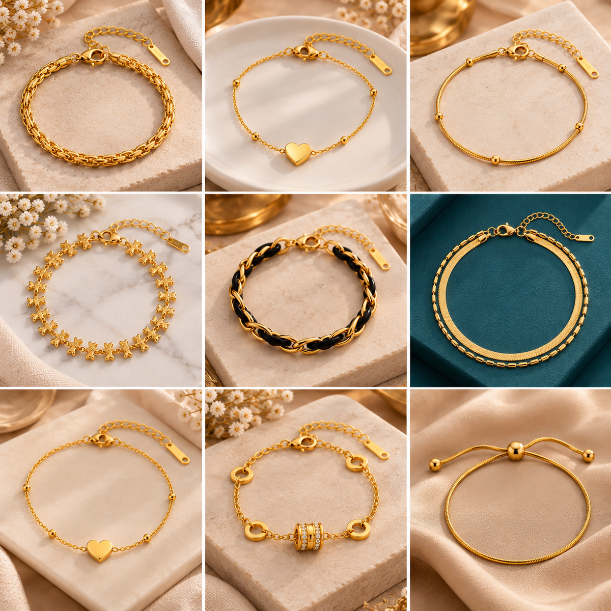 18K Gold Plated Adjustable Charm Bracelet 316L Stainless Steel