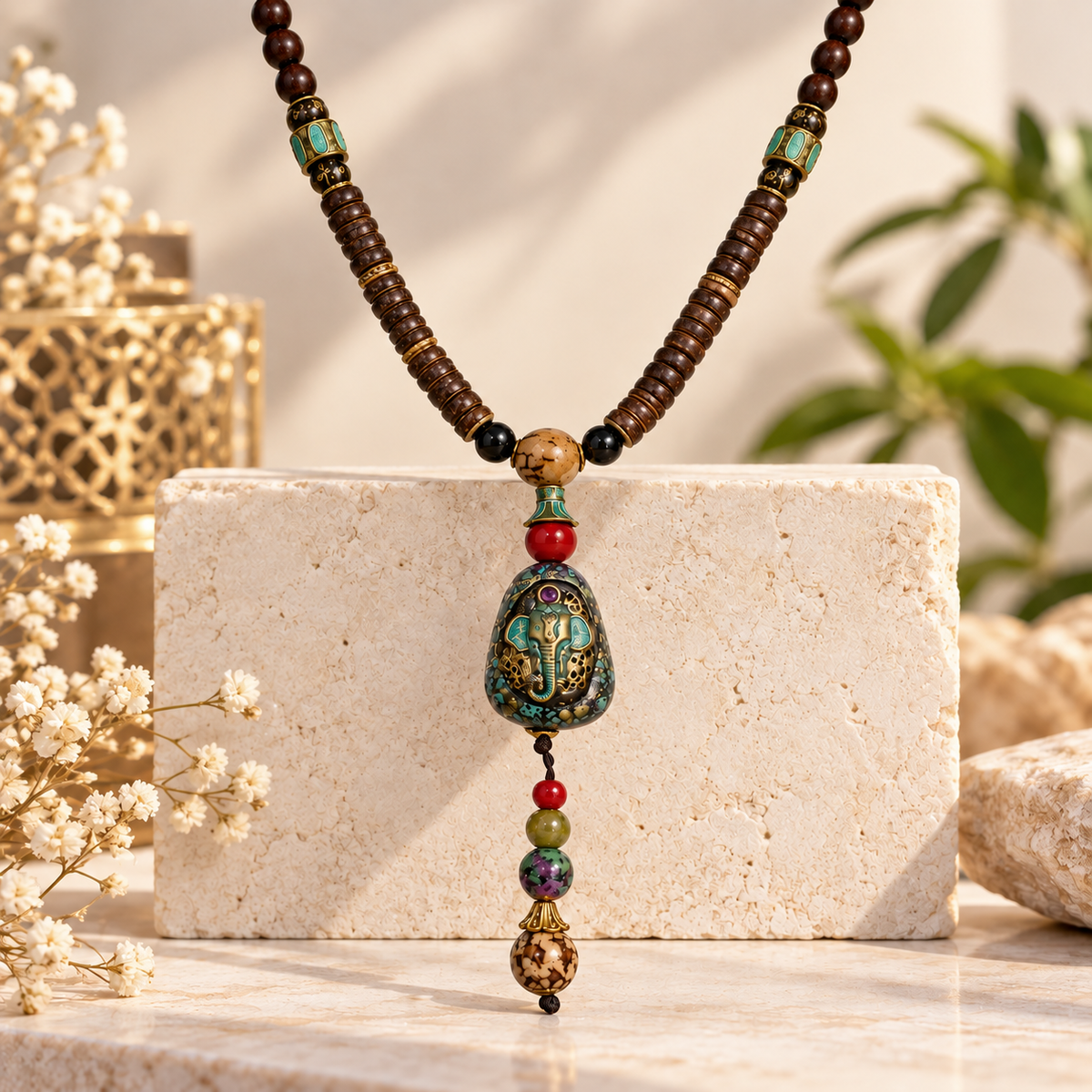 Bohemian Long Mala Necklace with Stone Pendant