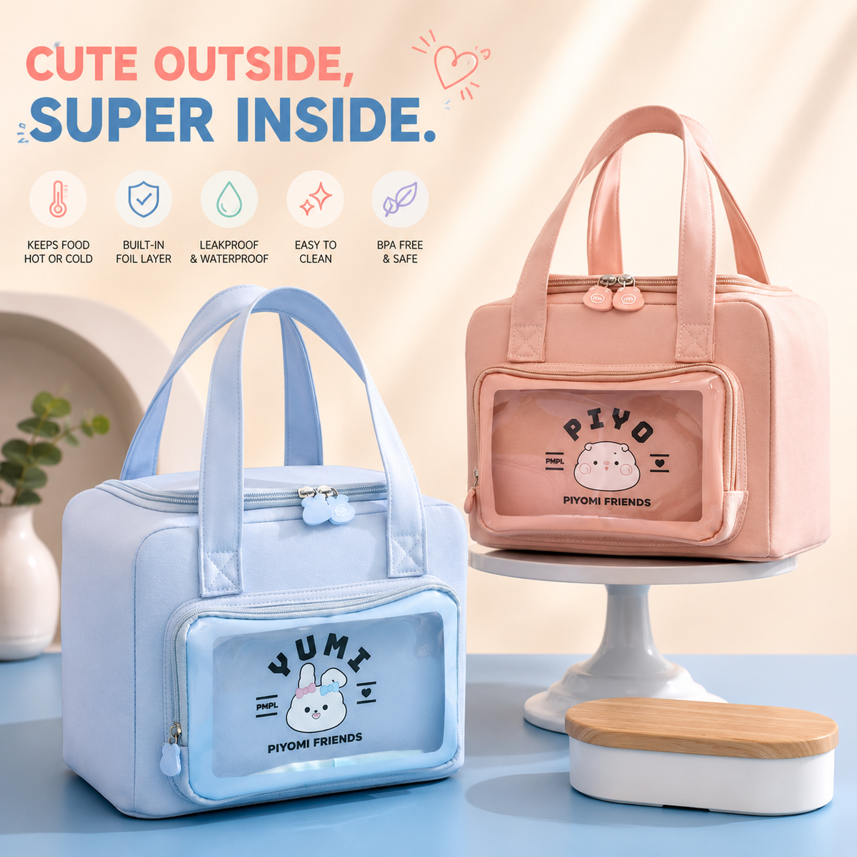 Cute Insulated Lunch Bag with Transparent Front Pocket | Leakproof Foil Lining – product image 5