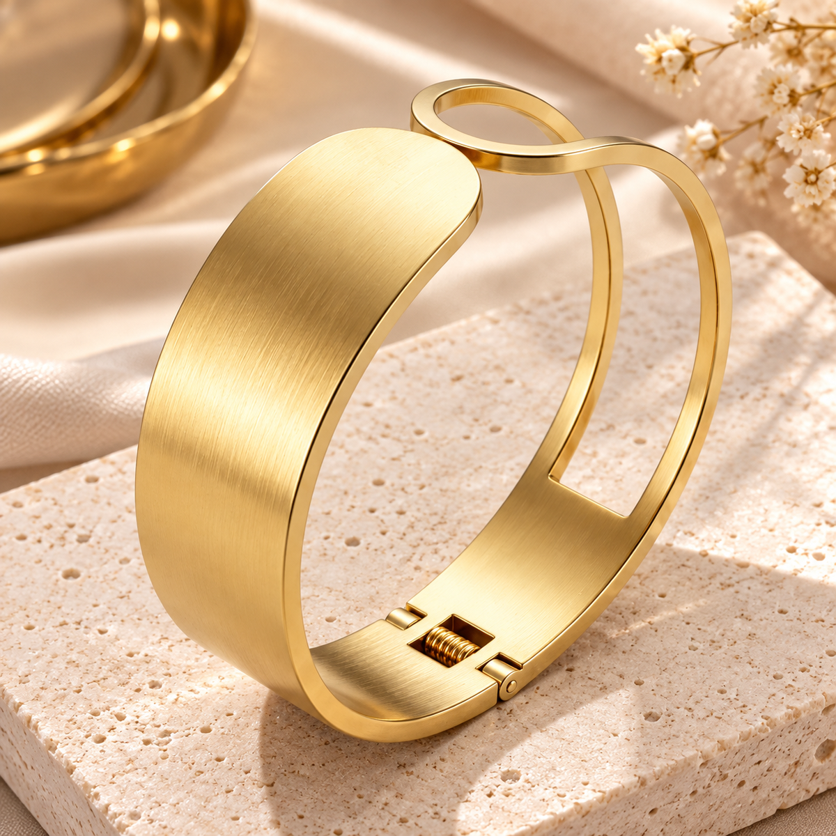 REYLVA Minimalist Gold Tone Wide Cuff Bracelet with Spring-Hinge Closure