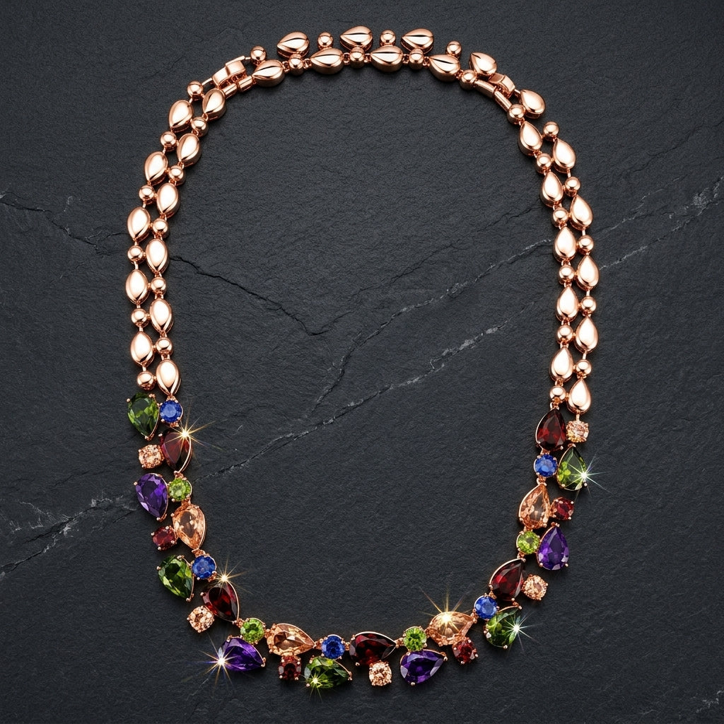 REYLVA Multicolour Crystal Statement Necklace for Women | Rose Gold Tone – product image 1