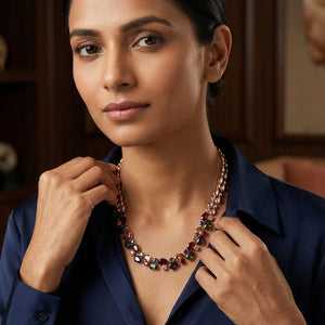 REYLVA Multicolour Crystal Statement Necklace for Women | Rose Gold Tone – product image 3