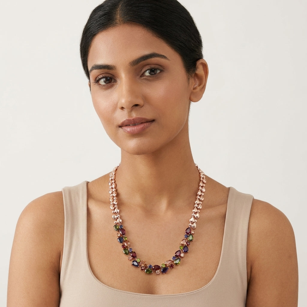 REYLVA Multicolour Crystal Statement Necklace for Women | Rose Gold Tone – product image 4