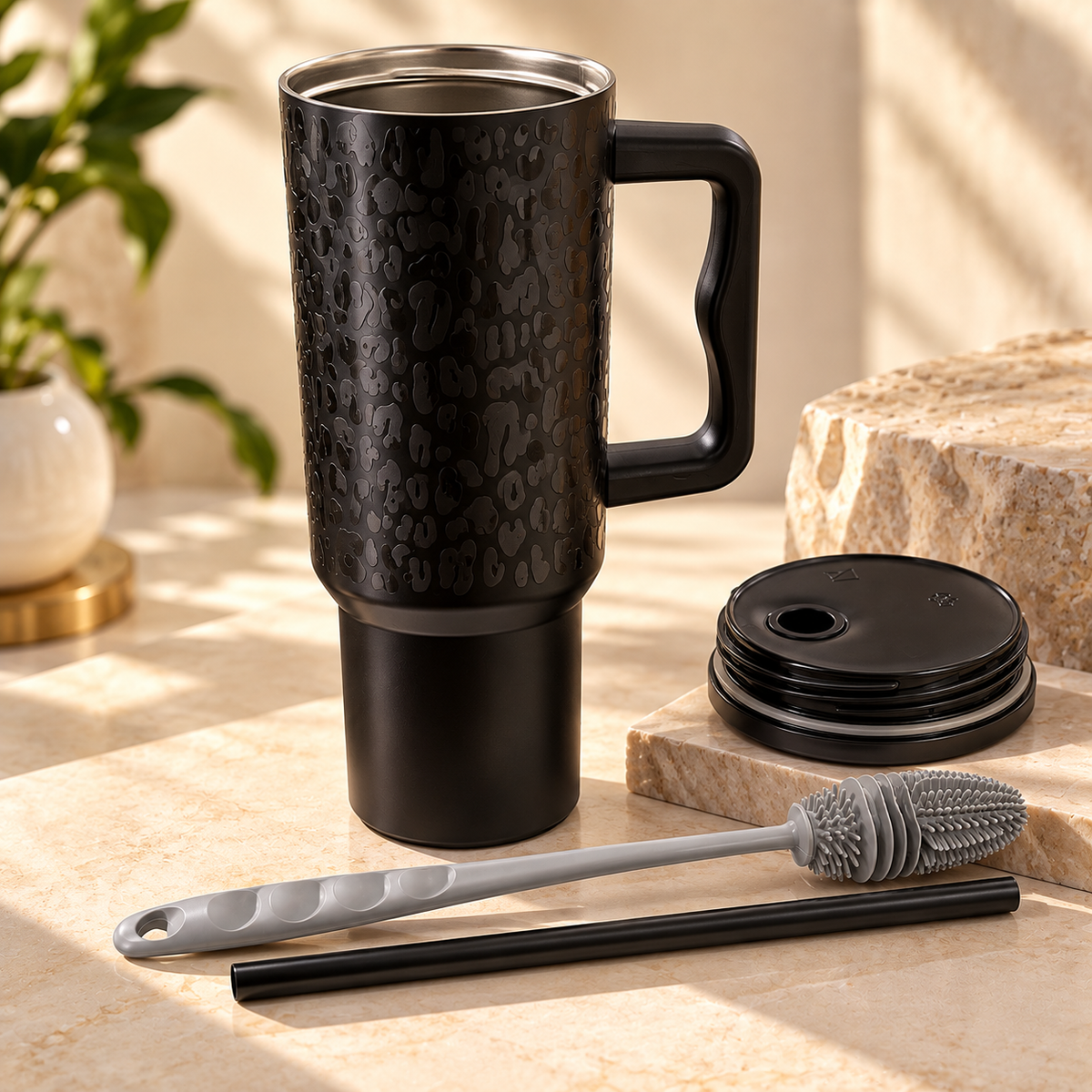 40oz Black Stainless Steel Tumbler with Handle & Straw – 1180ML