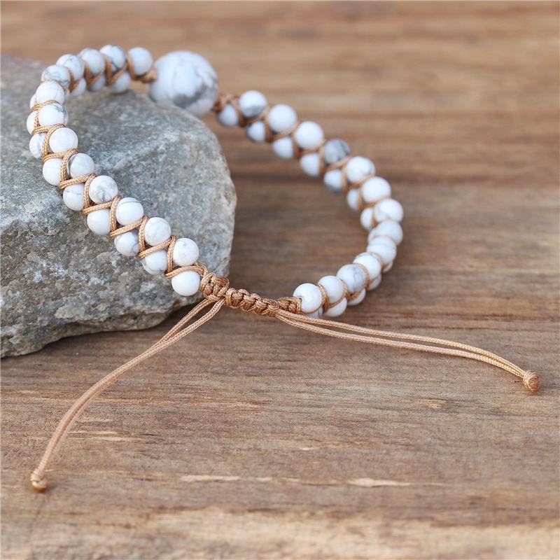 White Natural Stone Knotted Cord Adjustable Bracelet
