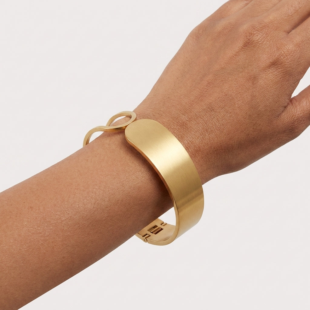 REYLVA Minimalist Gold Tone Wide Cuff Bracelet with Spring-Hinge Closure – product image 5