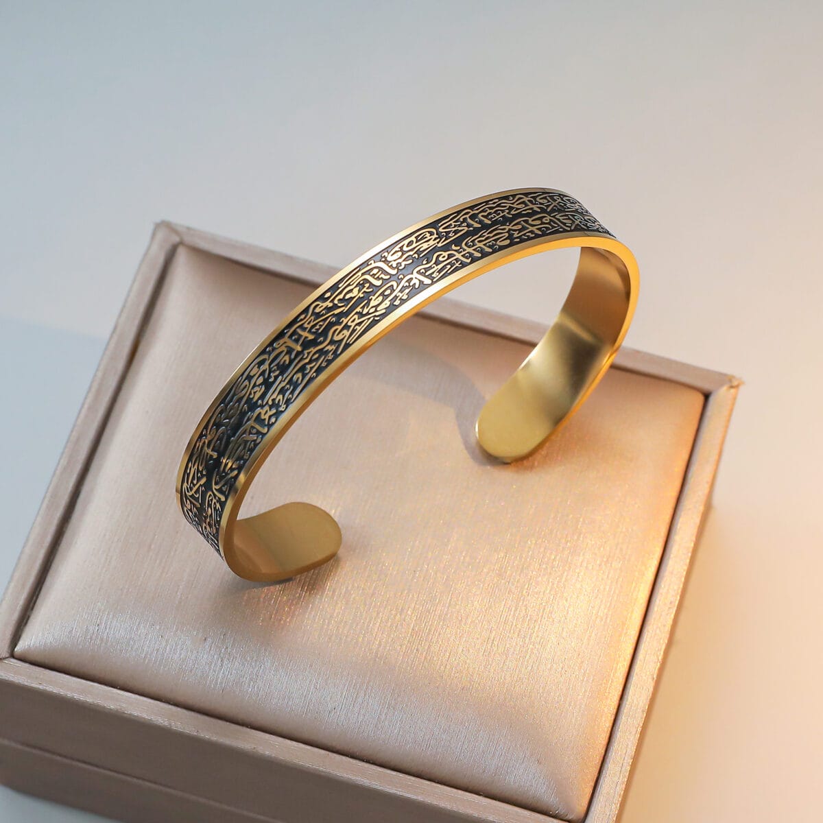 Ayatul Kursi Open Cuff Bracelet for Men &amp; Women – Stainless Steel Islamic Bangle - Gold-Black image