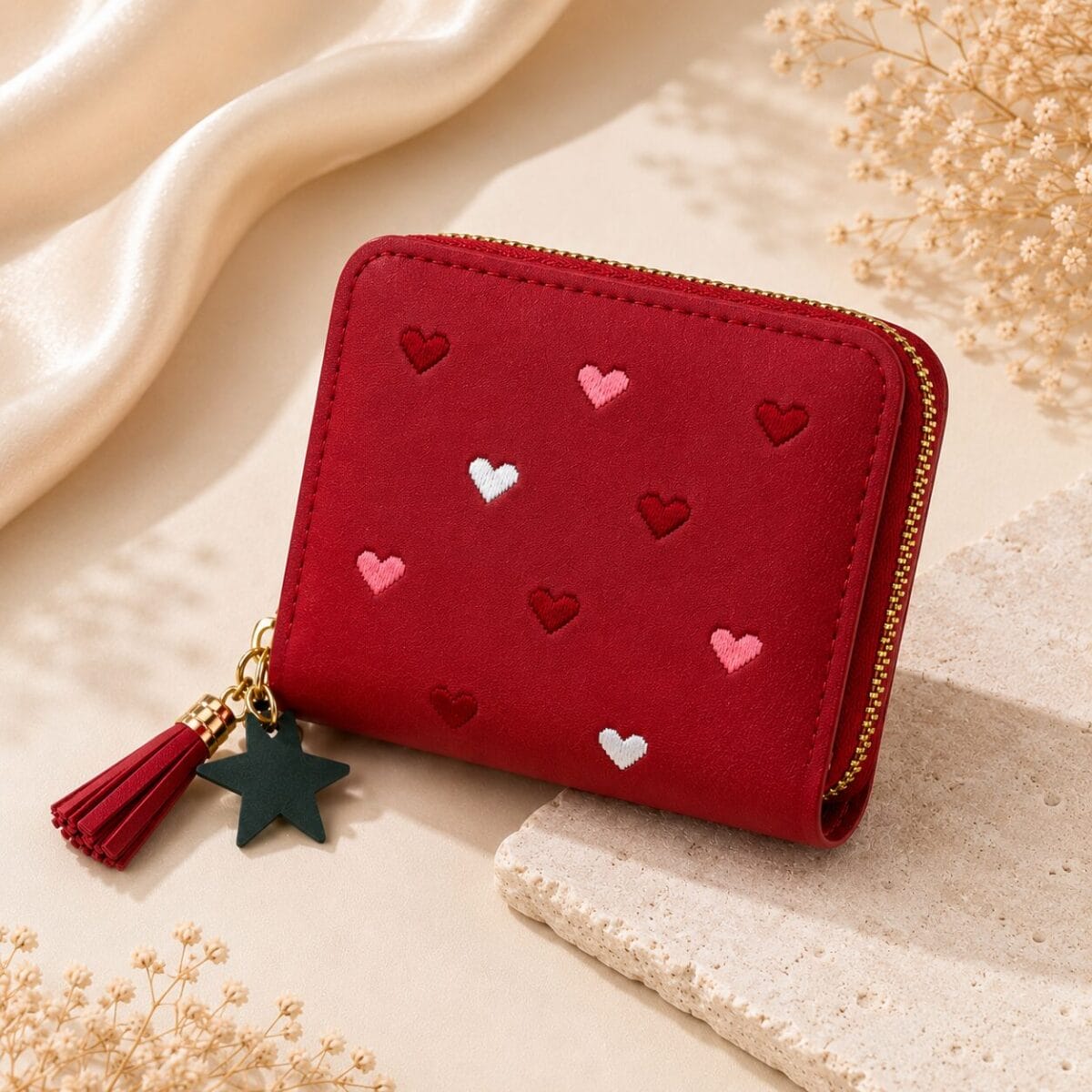 Heart Embroidered Zip Around Mini Wallet for Women &amp; Girls - Vermilion Red image