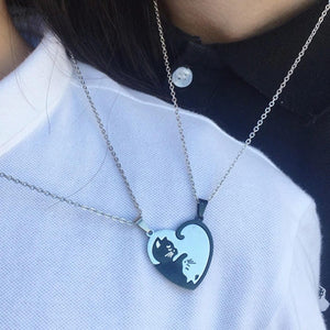 Black &amp; White Cat Couple Necklace Stainless Steel Friendship Pendant Set - Heart Shape image